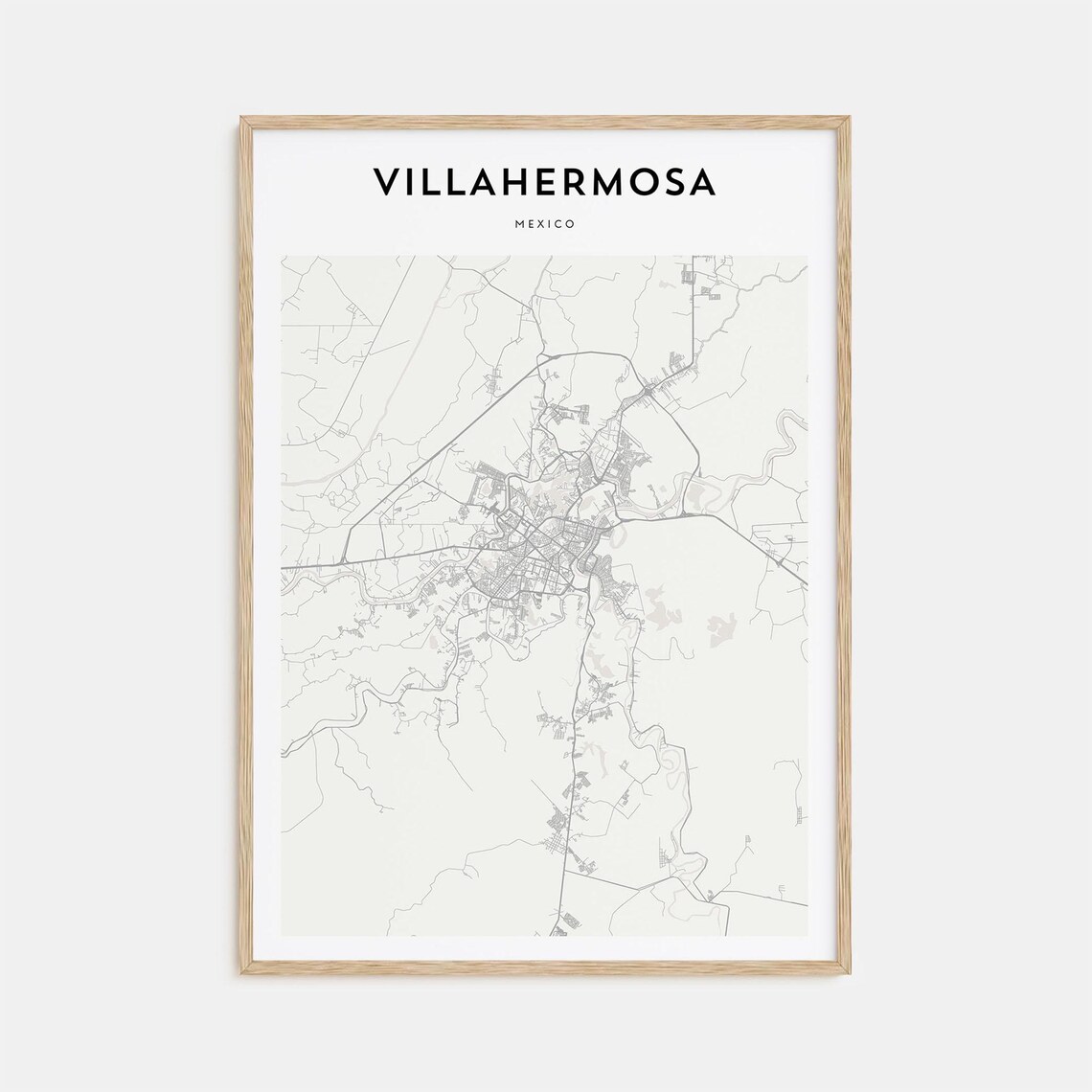 Villahermosa Mexico Minimalist Black White City Street Map Print