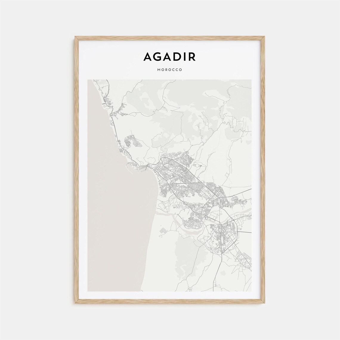 Minimalist Agadir Morocco City Street Map Poster in Beige Tones