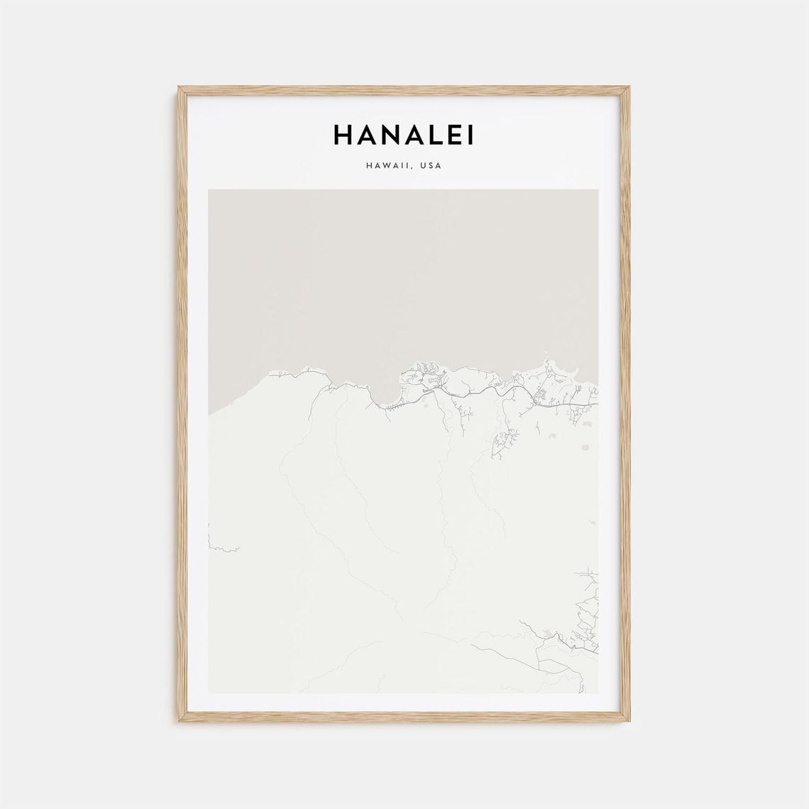 Hanalei Hawaii Minimalist Coastal Bay Town Map Wall Decor Poster