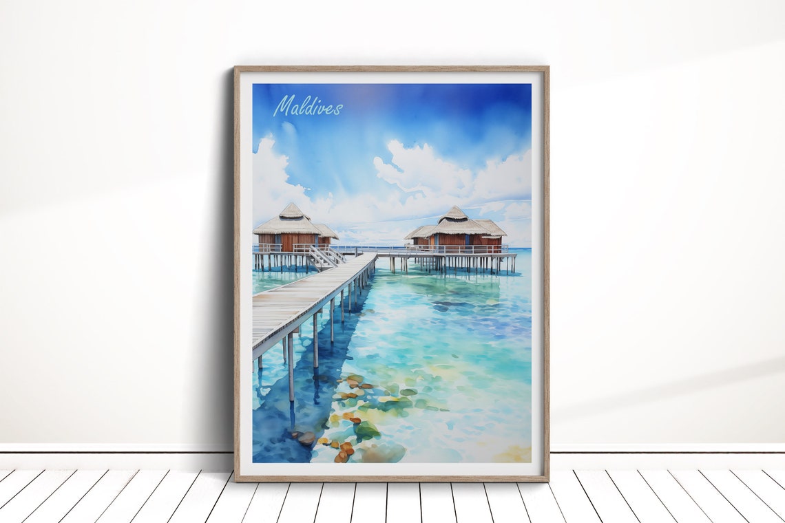 Maldives Overwater Bungalows Tropical Beach Watercolor Art Poster