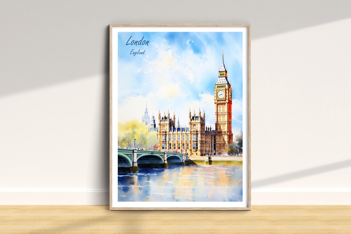 Classic London England Big Ben Watercolor Skyline Travel Art Poster