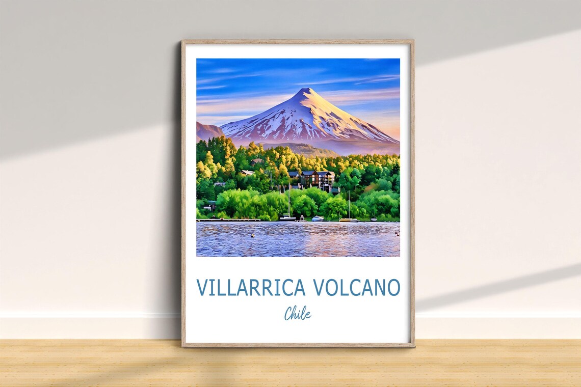 Villarrica Volcano Chile Travel Poster With Snow Capped Peak Lake View