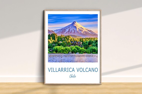 Villarrica Volcano Chile Travel Poster With Snow Capped Peak Lake View