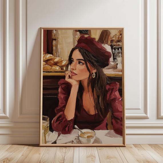 Moody Woman Cafe Art Print Parisian Vintage Cosy Feminine Illustration