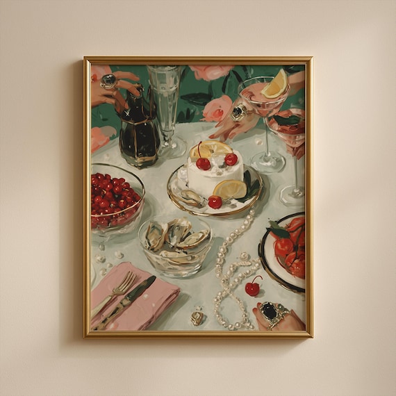Champagne Brunch Table Oysters Cake Cocktails Still Life Art Poster