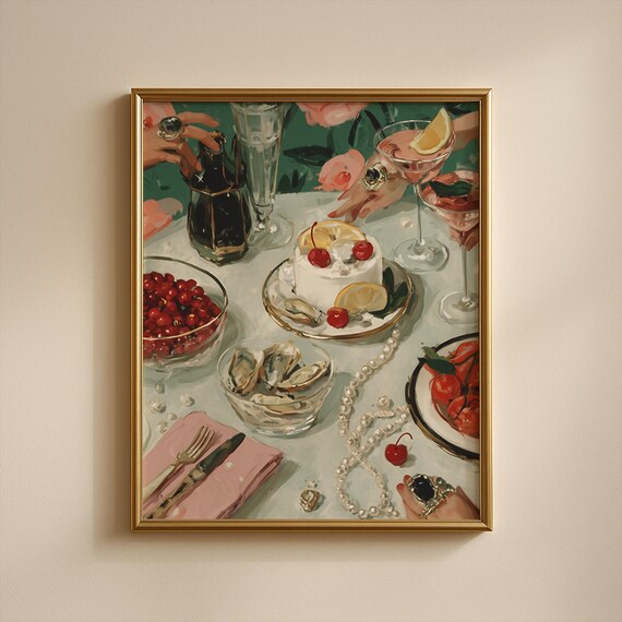 Vintage Kitchen Still Life Art Print Cherry Cake Macarons