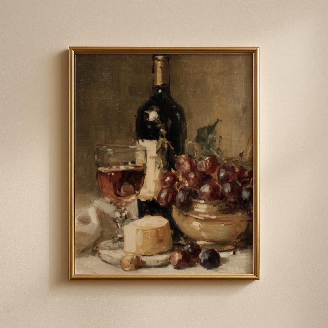 Dark Vintage Wine Bottle Glass Grapes Cheese Still Life Art Poster