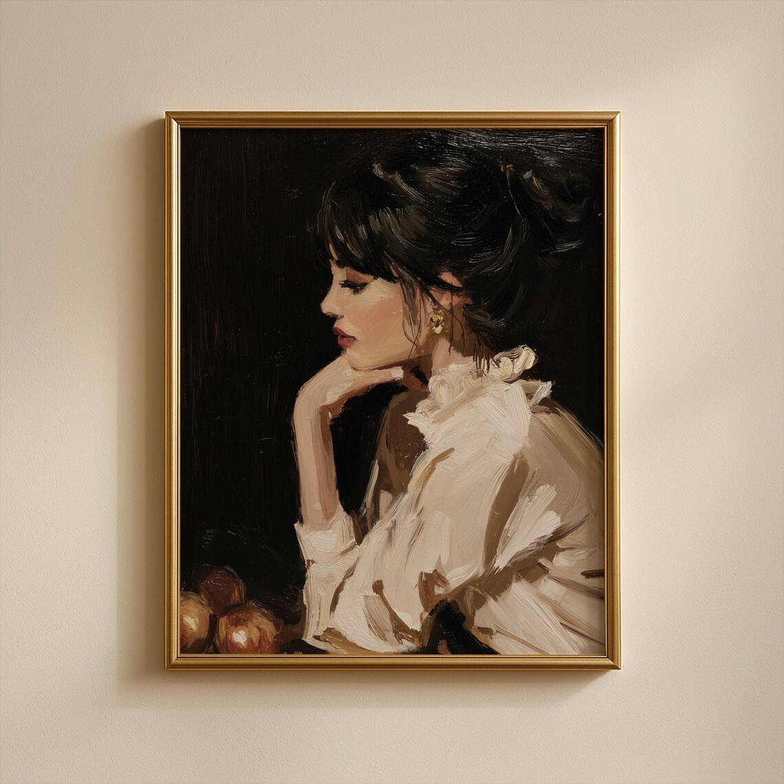 Moody Vintage Woman Dark Portrait Oil Painting Feminine Wall Poster
