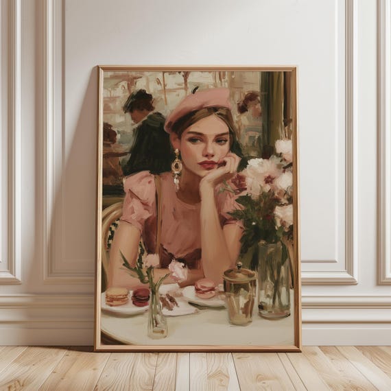 Vintage Parisian Woman Art Feminine Portrait French Girl Romantic Retro Illustration