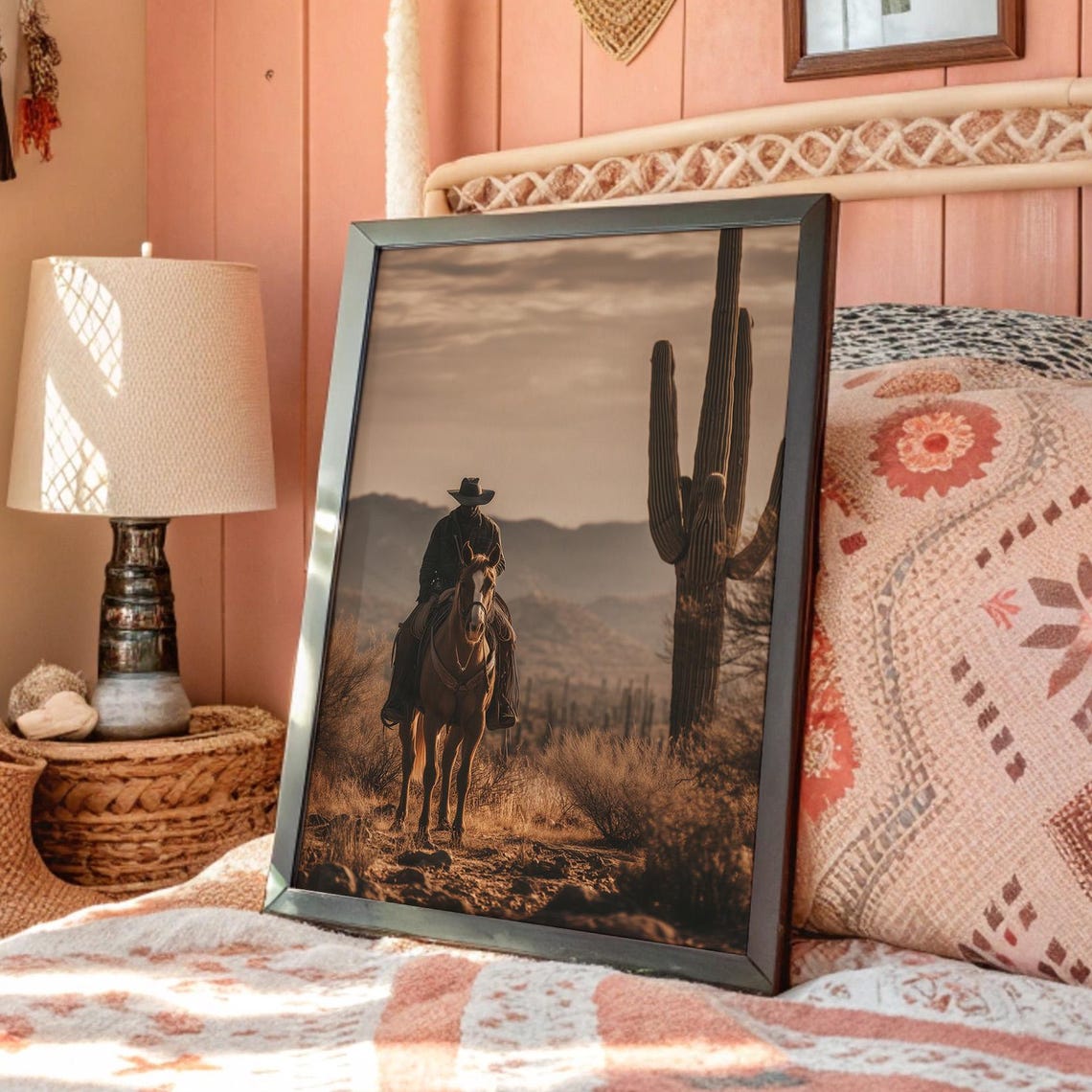 Lone Cowboy On Horseback Desert Sunset Cactus Western Wall Art