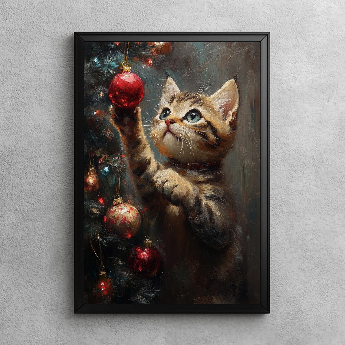 Kitten Playing Christmas Ornaments Cute Holiday Cat Painting Wall Art
