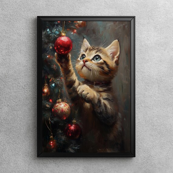 Kitten Playing Christmas Ornaments Cute Holiday Cat Painting Wall Art