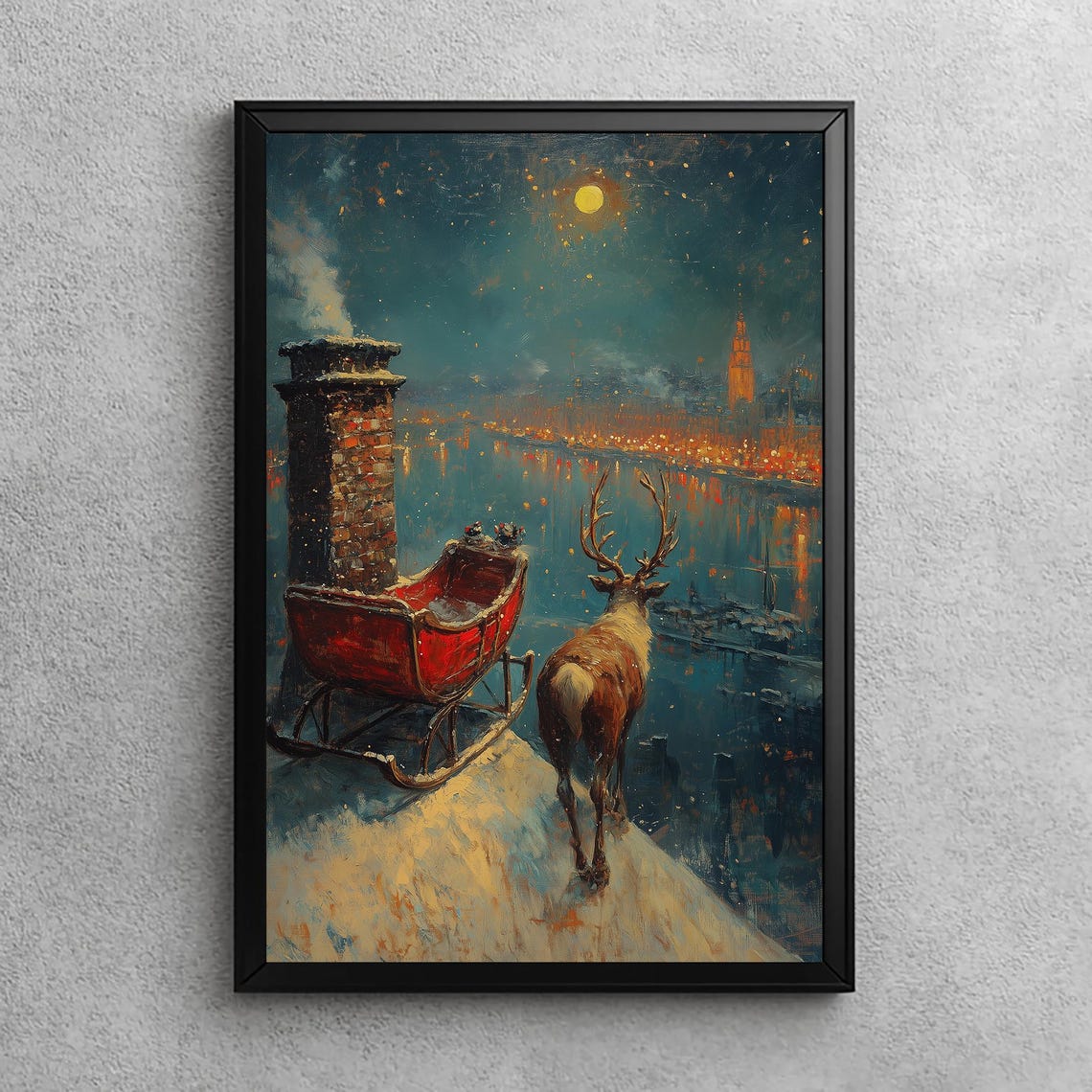 Reindeer And Red Sleigh On Snowy Rooftop Moonlit Night Poster