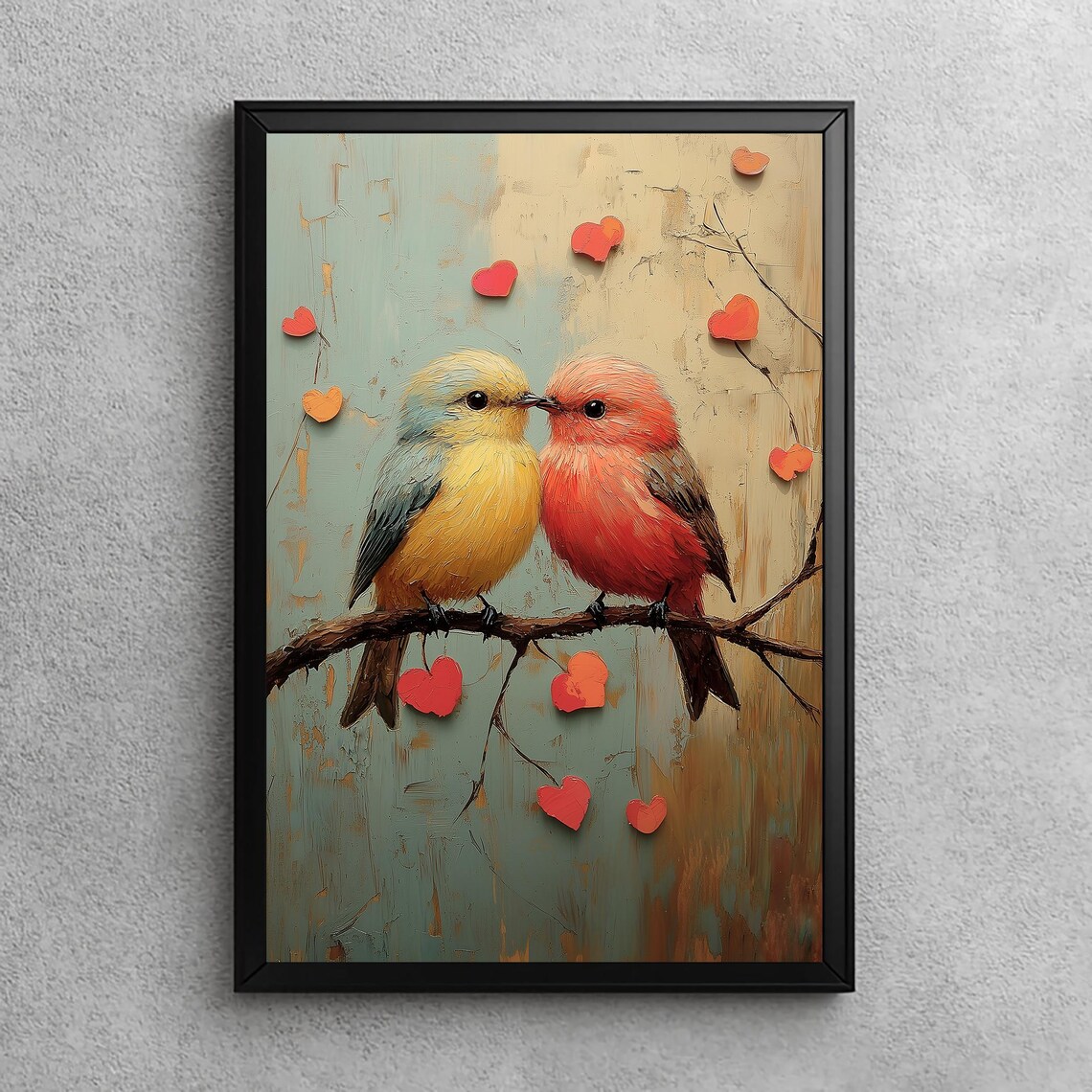 Two Lovebirds Kissing on a Branch with Hearts Valentine Poster