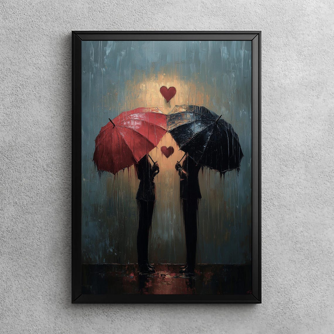 Love In The Rain Faceless Couple Umbrellas Romantic Heart Poster