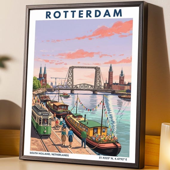 Rotterdam Riverside Scene Poster Pink And Blue Green Vintage Cityscape European Travel Art Living Room Office Decor