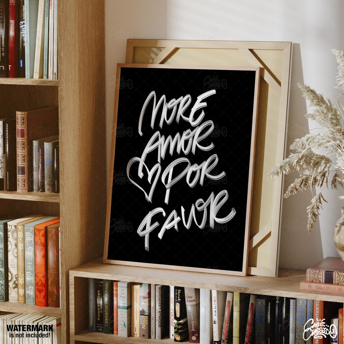 Passionate More Amor Por Favor Flowing White Script Black Poster - Image 2