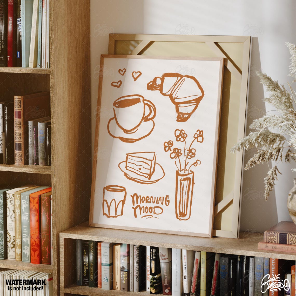Morning Mood Cafe Line Art Croissant Coffee Cake Sketch Wall Art - Image 2