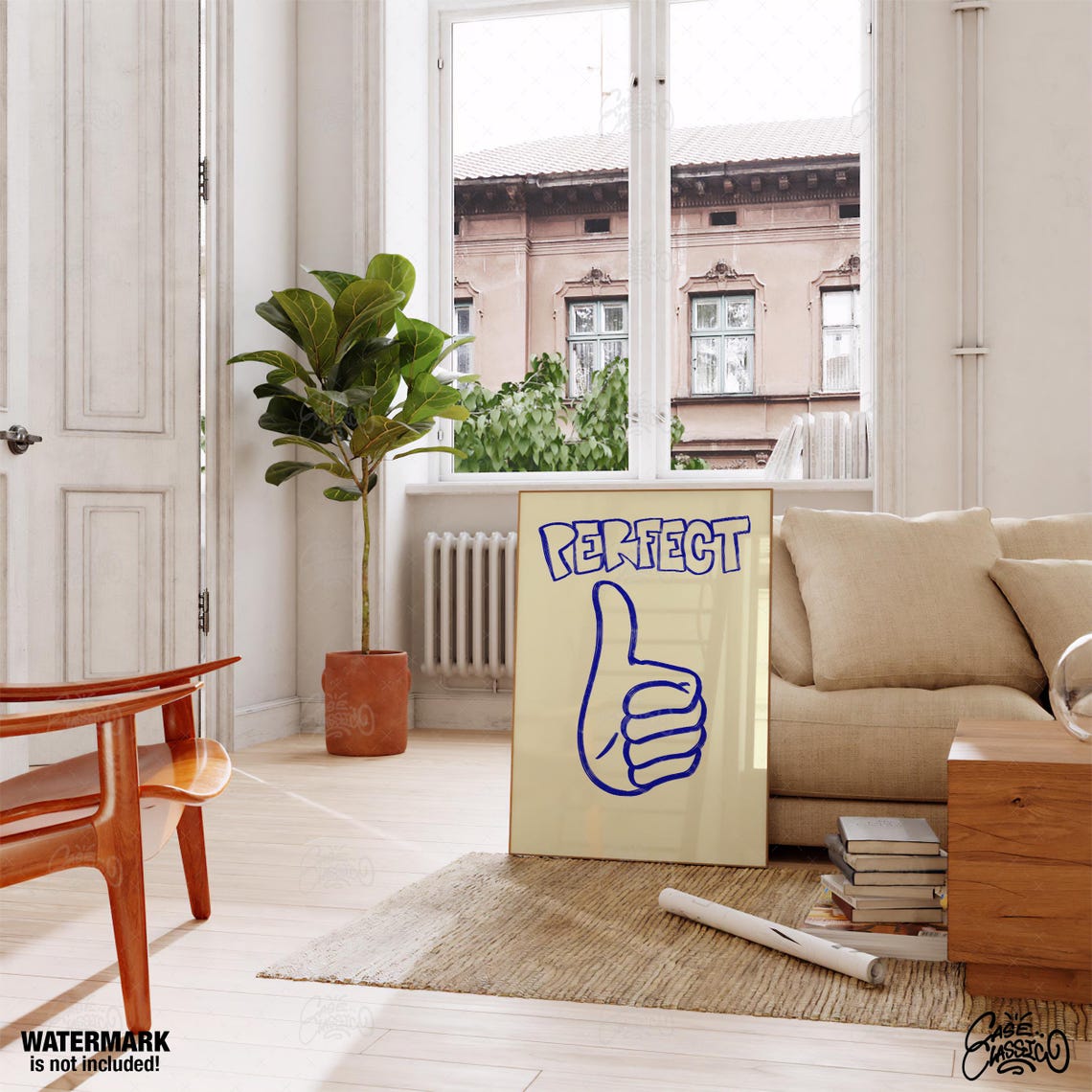 Upbeat Perfect Word With Blue Thumbs Up Line Drawing Art Poster - Image 3