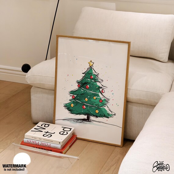 Whimsical Hand Drawn Green Christmas Tree with Gold Star Poster