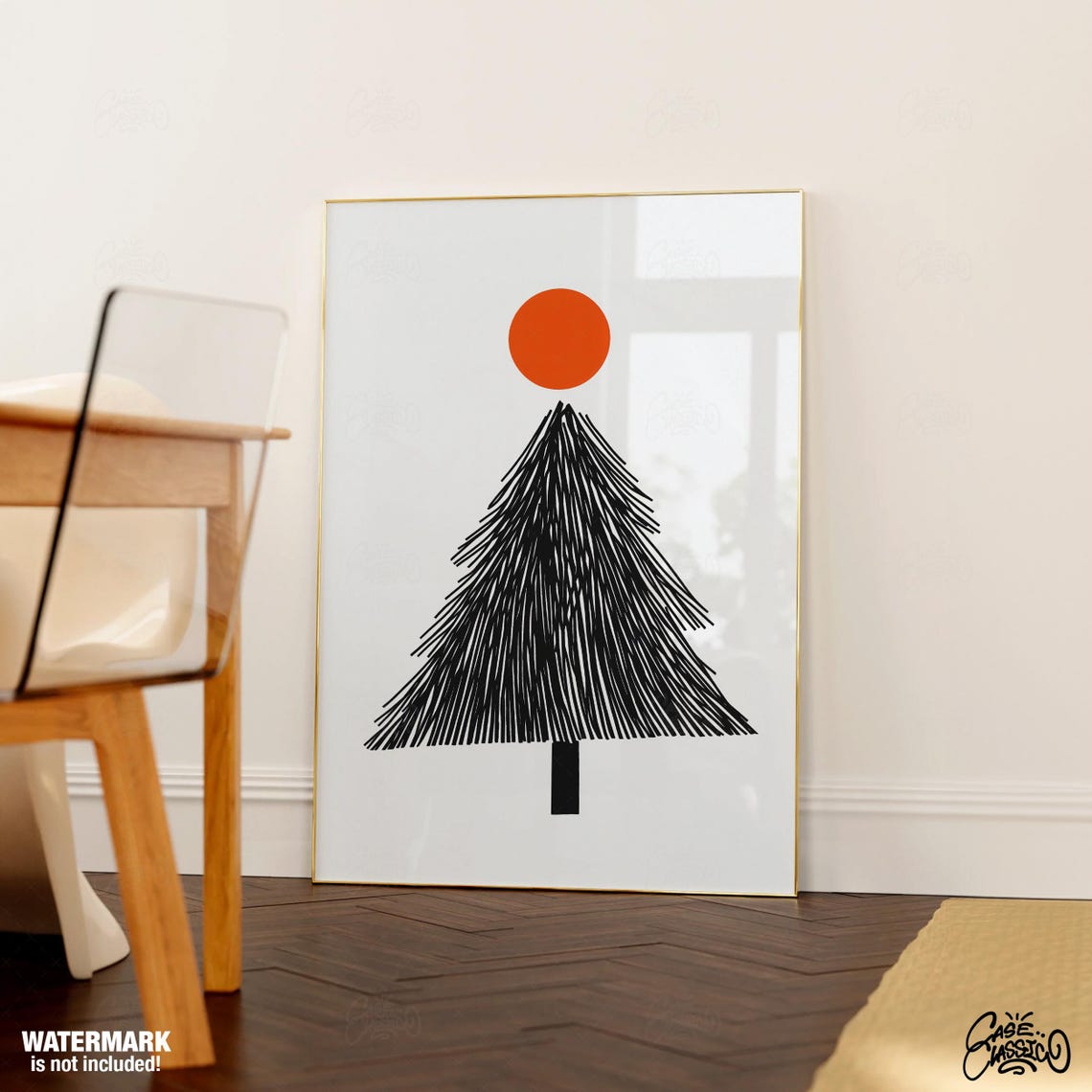 Black Line Christmas Tree with Orange Sun Mid Century Poster - Image 3