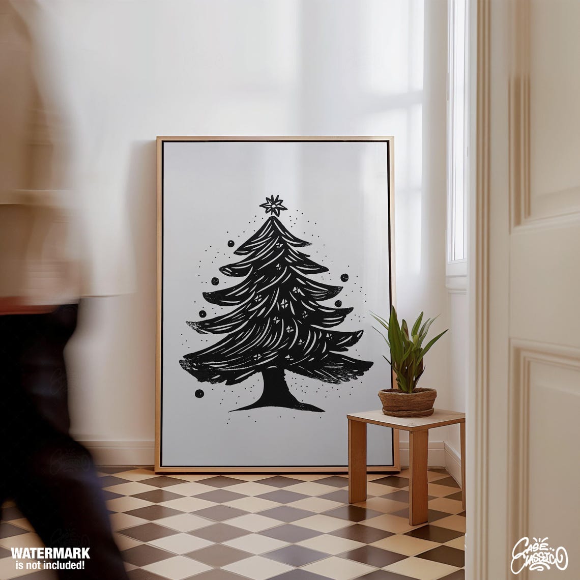 Minimalist Black Ink Christmas Tree Sketch White Background Poster - Image 3