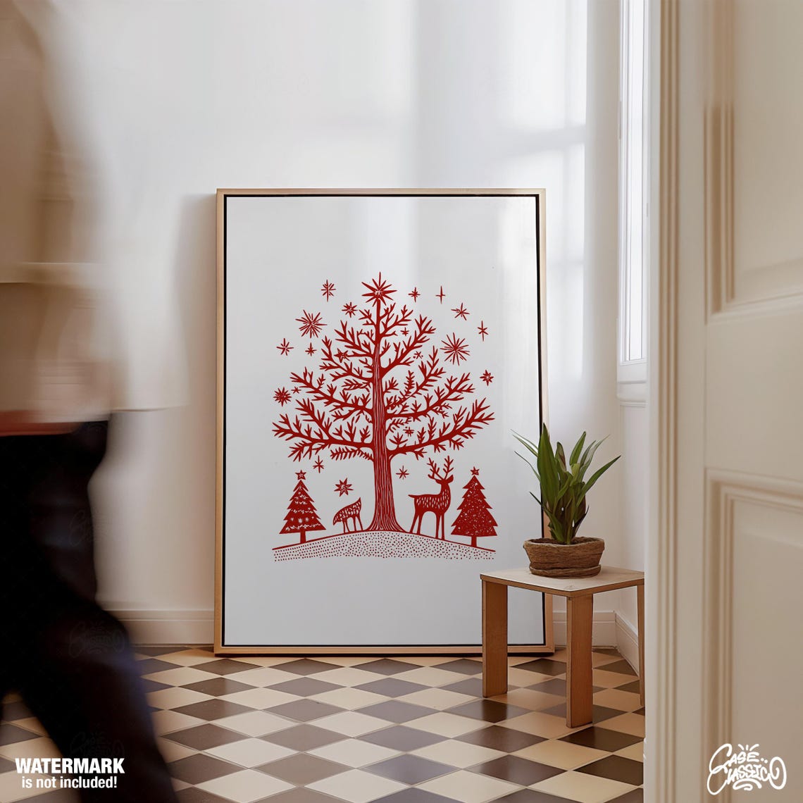 Red Scandinavian Folk Art Christmas Tree with Reindeer Poster - Image 2