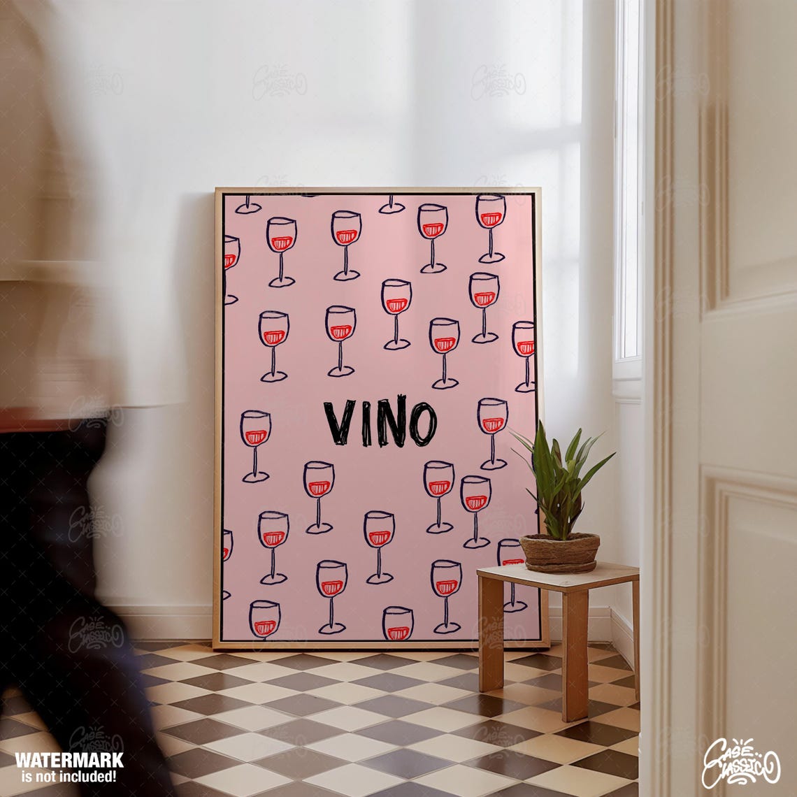 Vino Wine Glass Pattern Playful Pink Bar Cart Art Kitchen Poster - Image 4