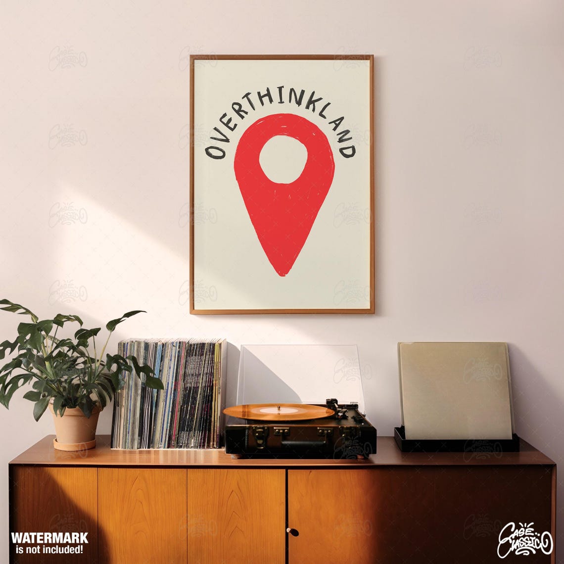 Overthinkland Red Map Pin Funny Hand Drawn Travel Style Quote Poster - Image 2