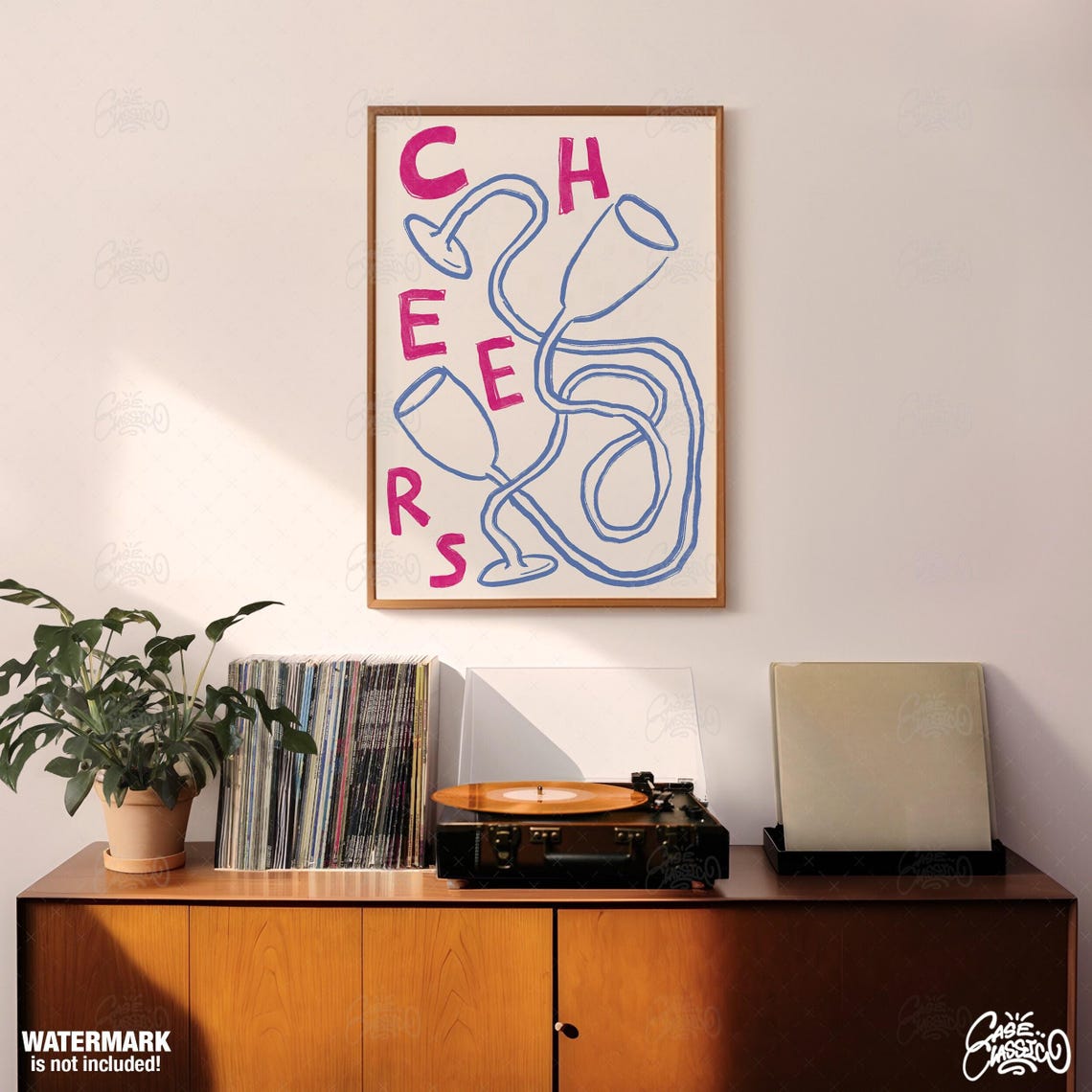 Cheers Pink and Blue Playful Wine Glass Doodle Kitchen Bar Poster - Image 3