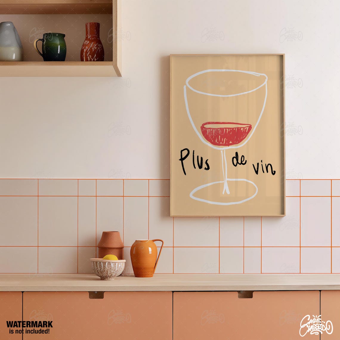 Plus De Vin French Wine Glass Sketch Illustration Bar Poster