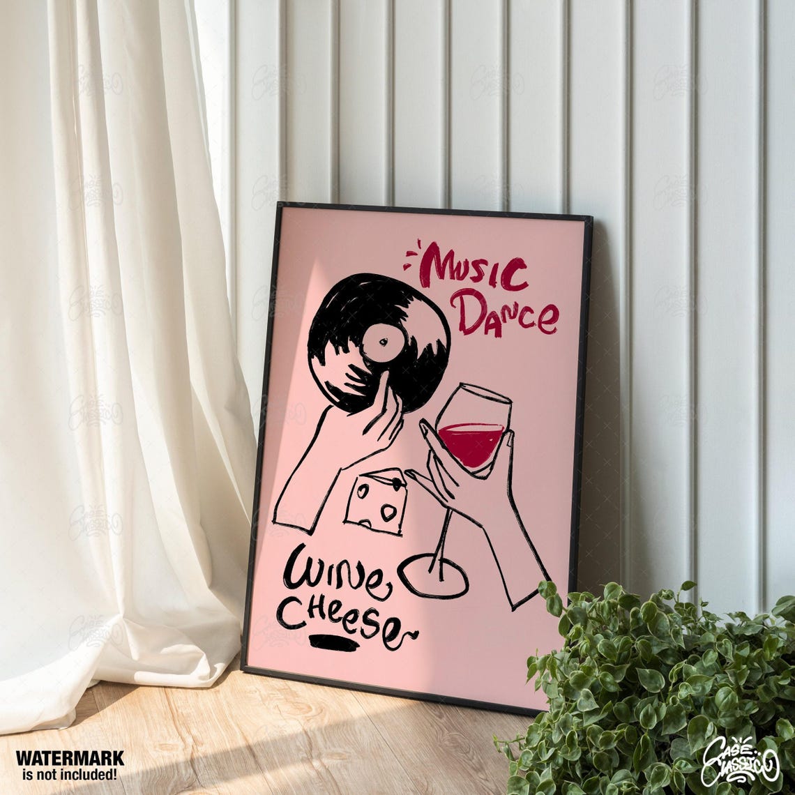 Music Dance Wine Cheese Funky Vinyl Face Illustration Poster