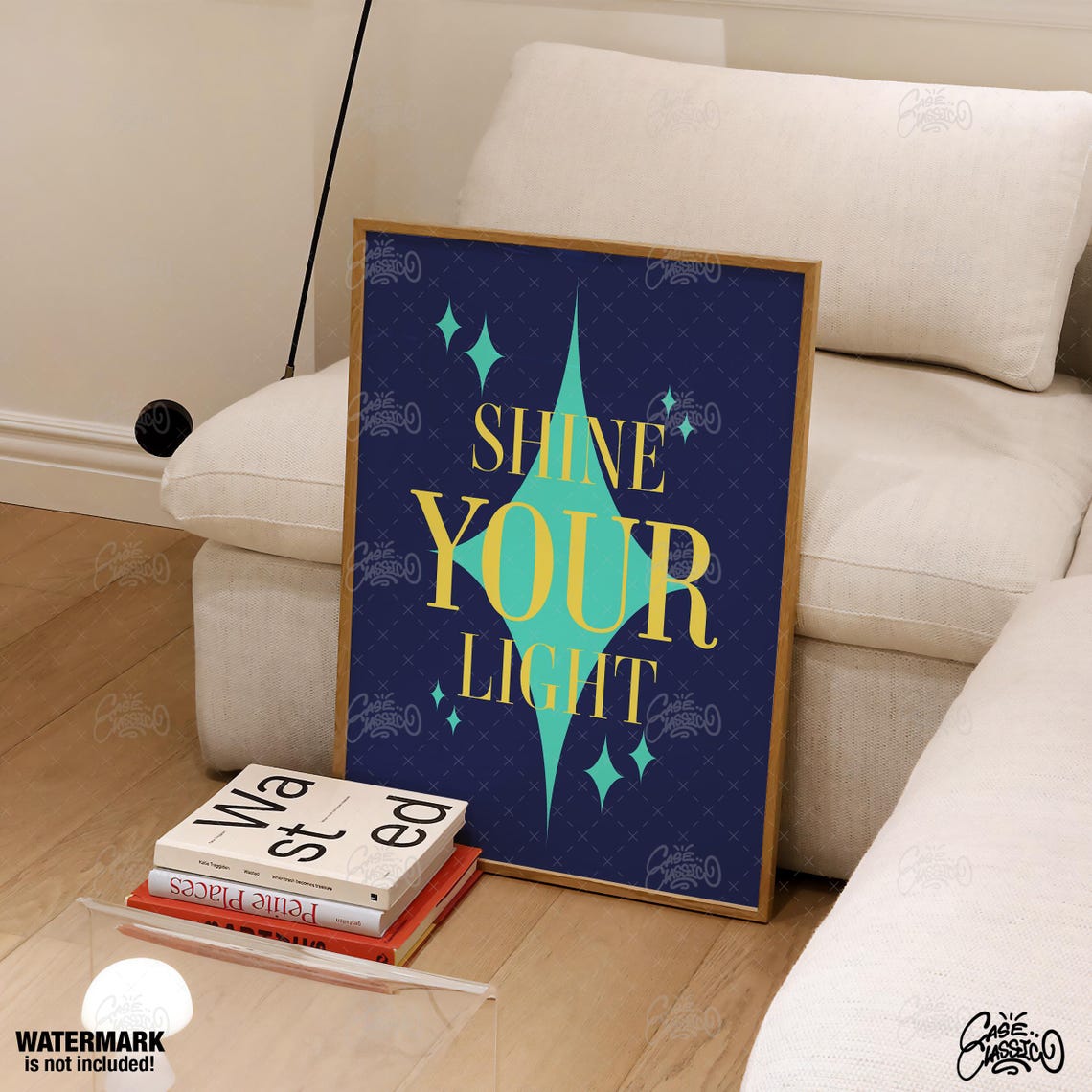 Shine Your Light Gold Lettering Navy Blue Starburst Art Poster - Image 3