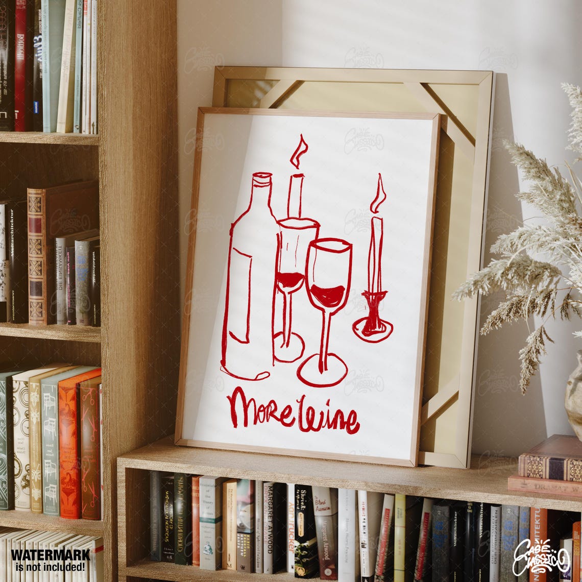 Red Line Art More Wine Poster With Bottle Glasses and Candle - Image 2