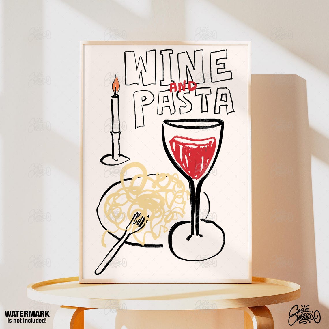 Wine And Pasta Hand Drawn Red Kitchen Art Illustration Poster - Image 2