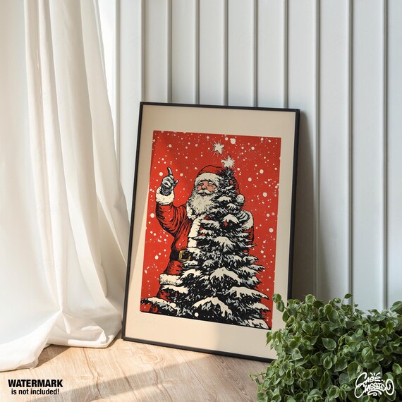 Retro Santa Claus Pointing at Starry Snow Night Holiday Poster
