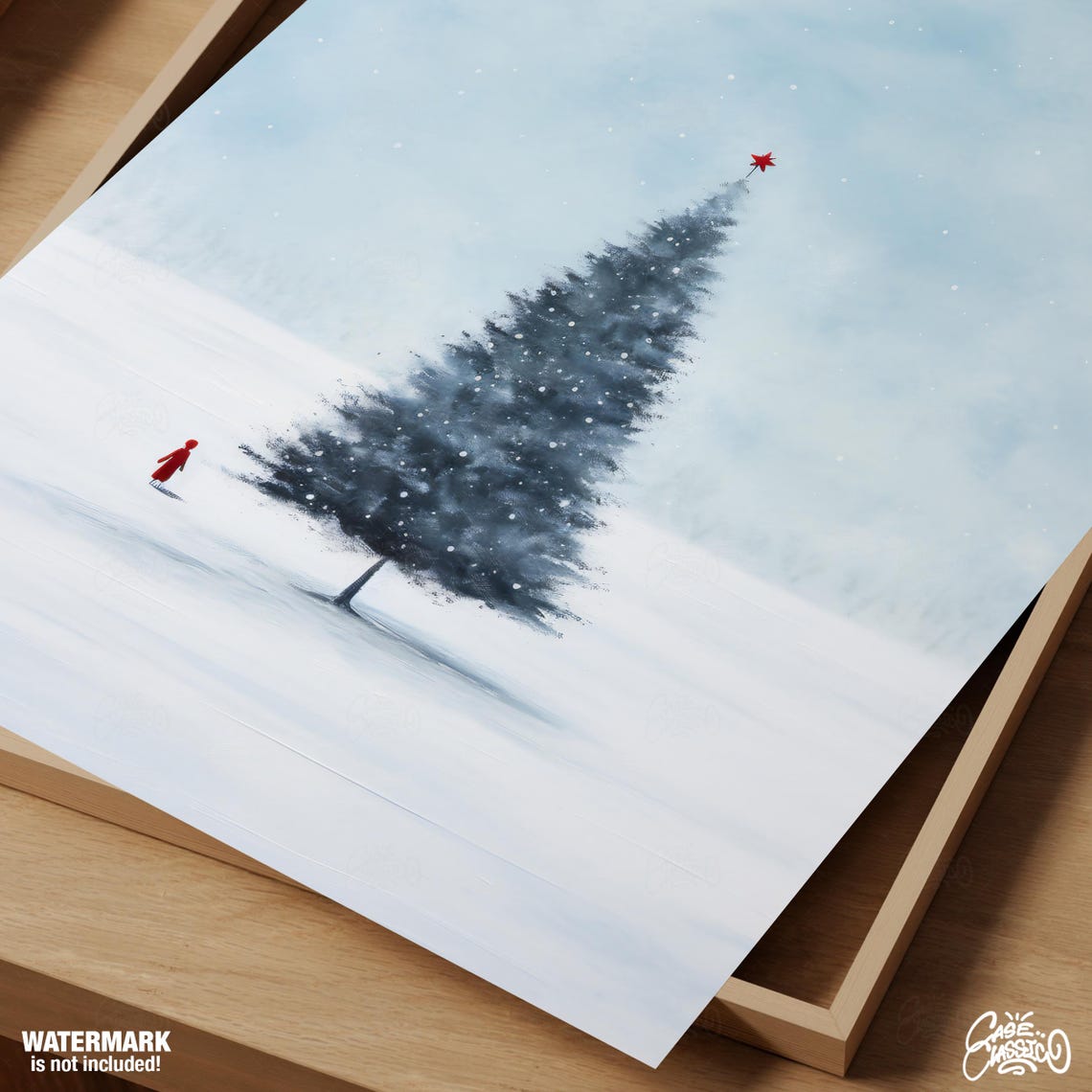 Snowy Christmas Tree with Red Star Serene Winter Landscape Poster - Image 3