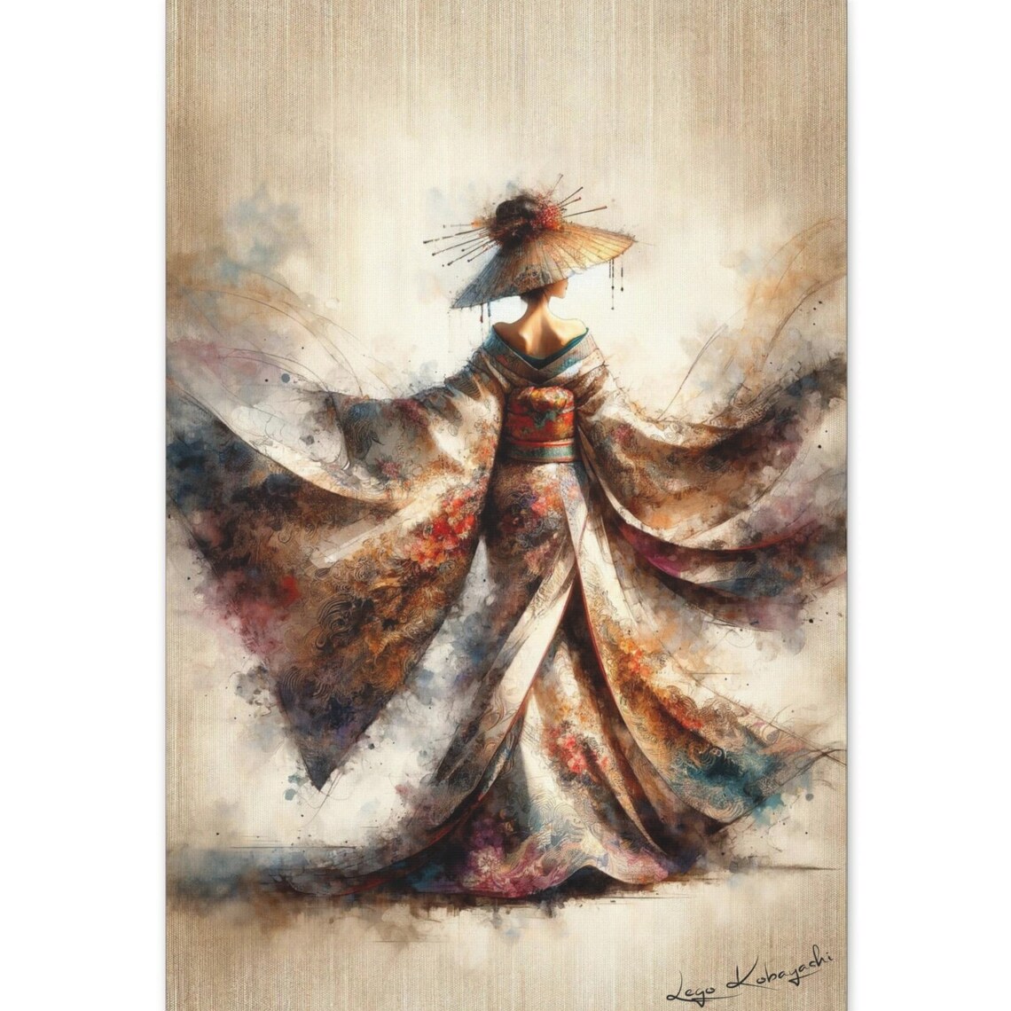 Japanese Geisha Back View Parasol Hat Flowing Kimono Watercolor Poster