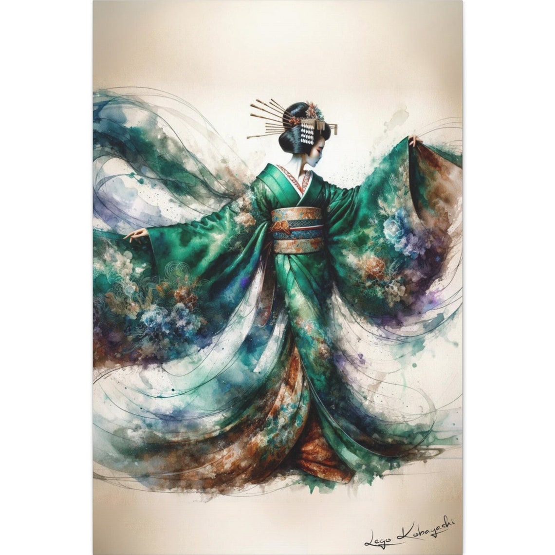 Geisha V5 Midori Iwasaki Kimono Art Gift Watercolor Painting Asian Home Decor Japanese Fine Art Artist Signed Original Art