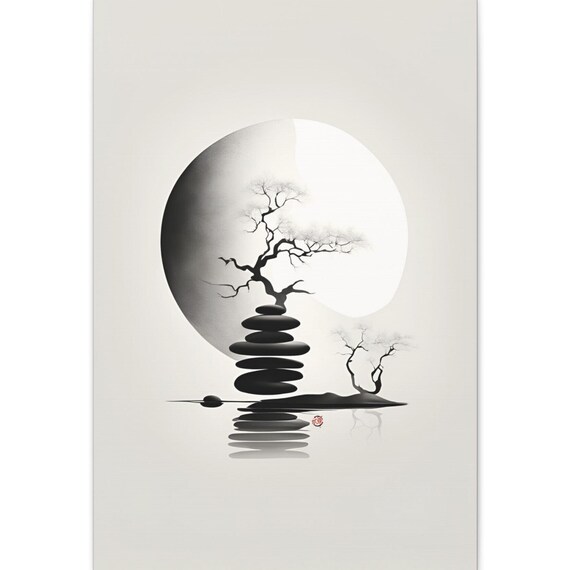 Japandi Zen Ink Wash Art Print, Minimalist Wall Decor