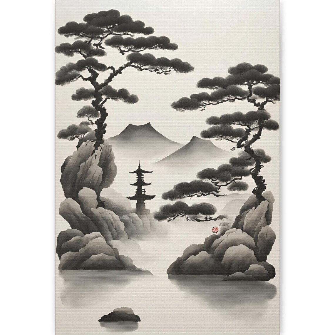 Twin Pine Trees Pagoda Misty Mountain Lake Ink Wash Japanese Art Print