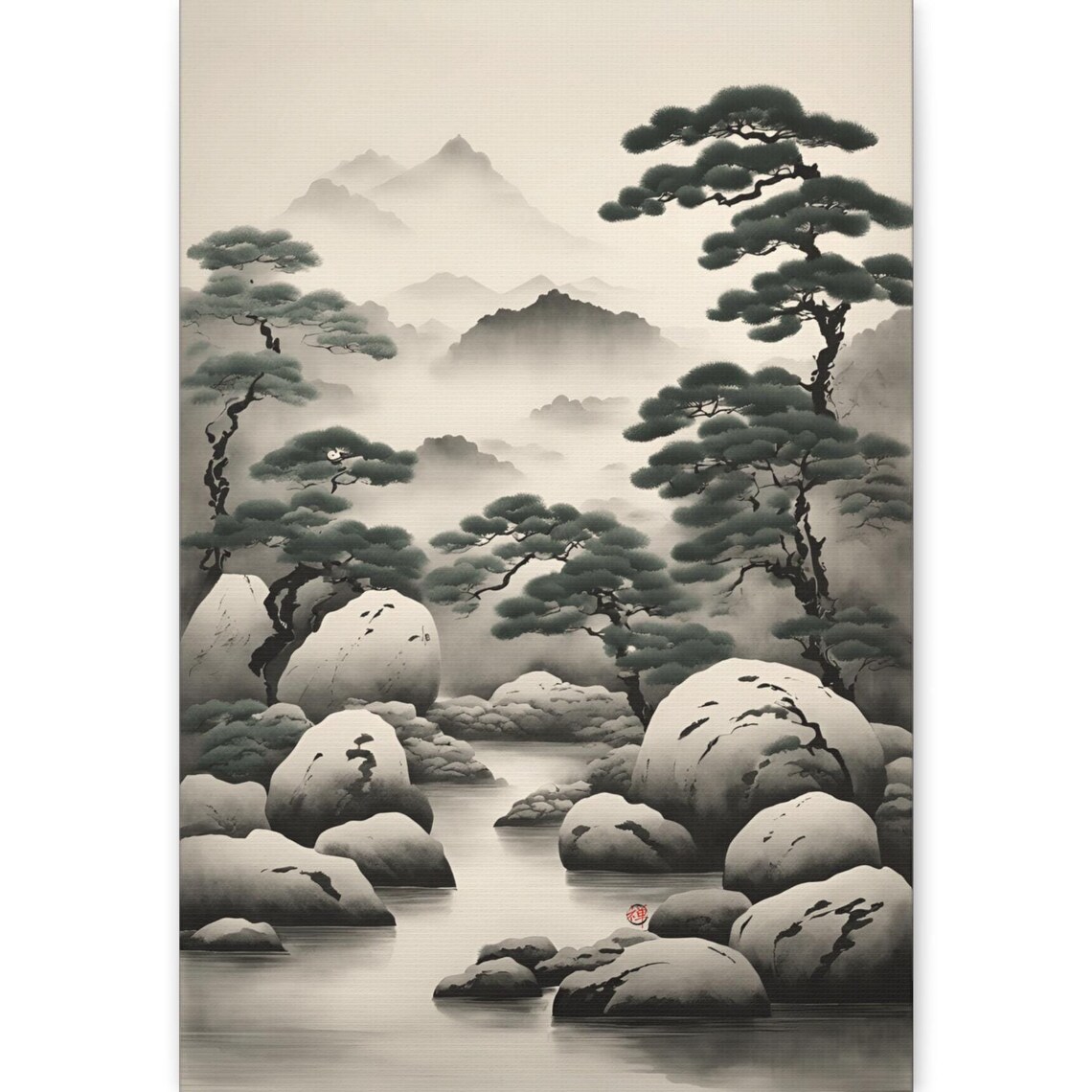 Pines Boulders Misty Stream Mountain Ink Wash Japanese Landscape Print