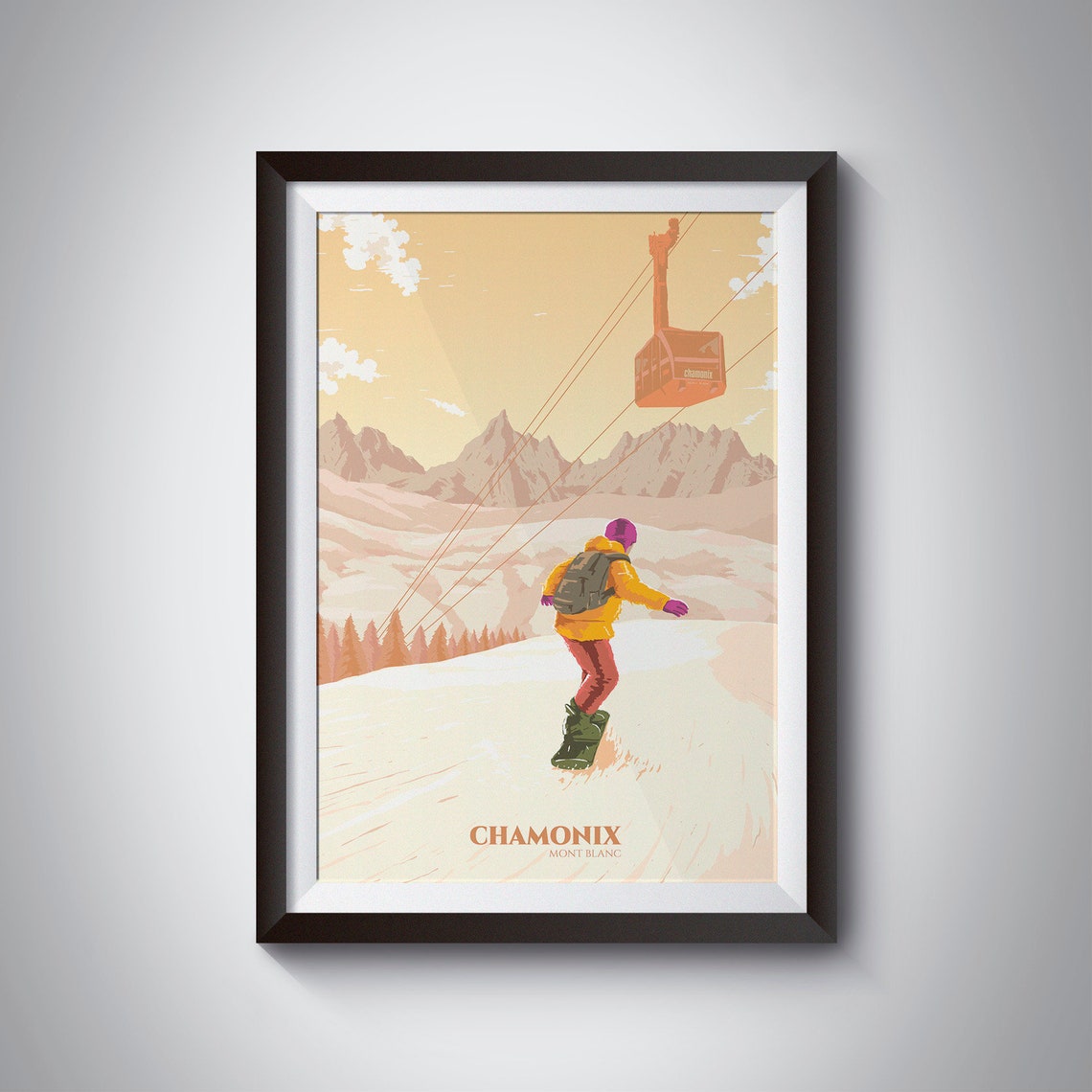 Chamonix Mont Blanc Snowboarder Red Cable Car Sunset Ski Resort Poster