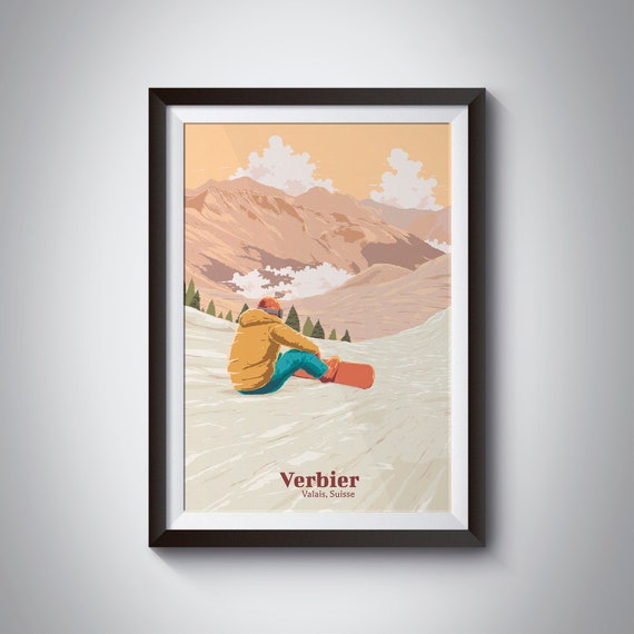 Verbier Snowboarding Poster Switzerland Swiss Alps Vintage Skiing Print Retro Wall Art Ski Resort St Anton Obergurgl Kitzbuhel