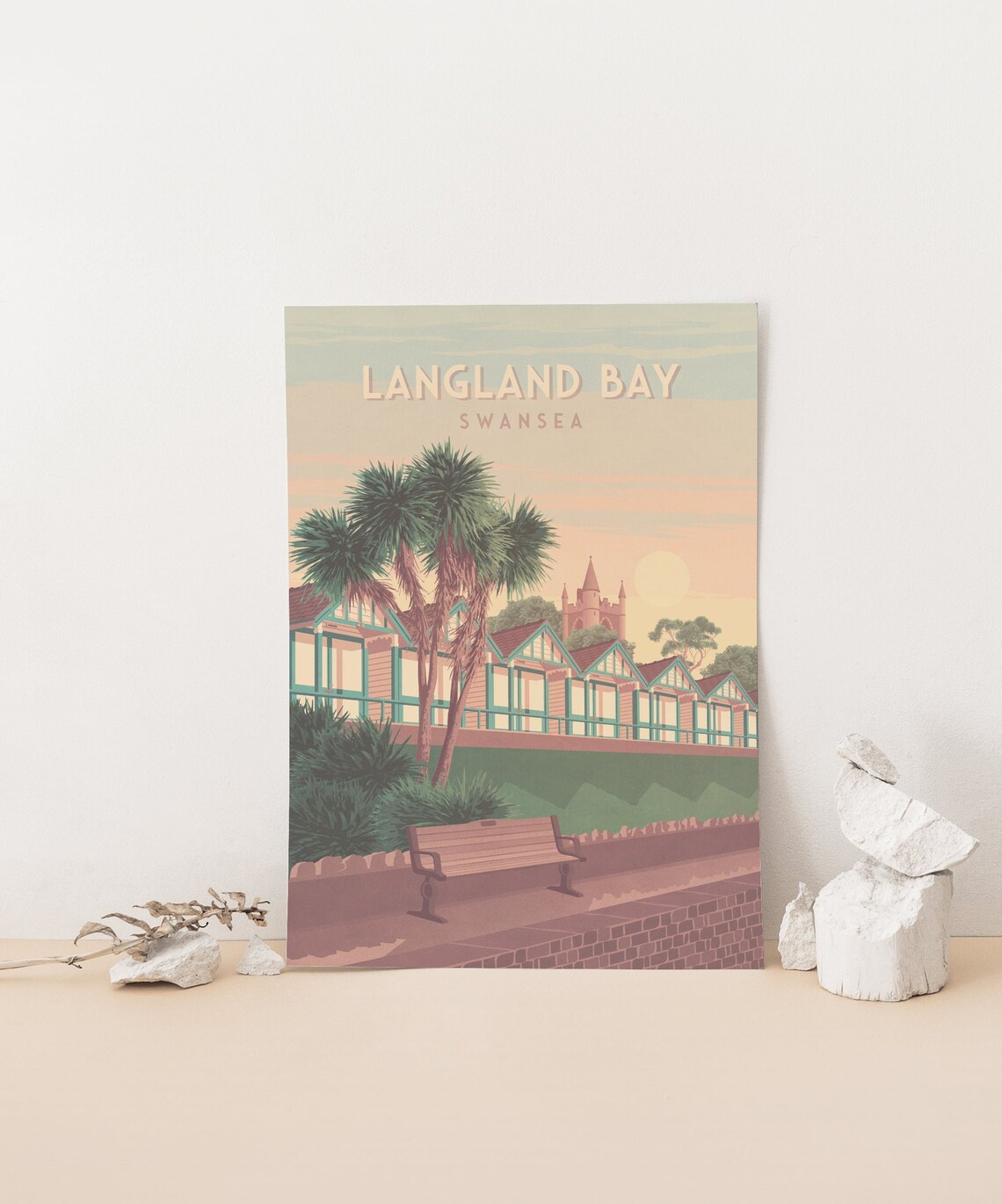 Langland Bay Swansea Beach Huts Sunset Retro Welsh Travel Poster - Image 4