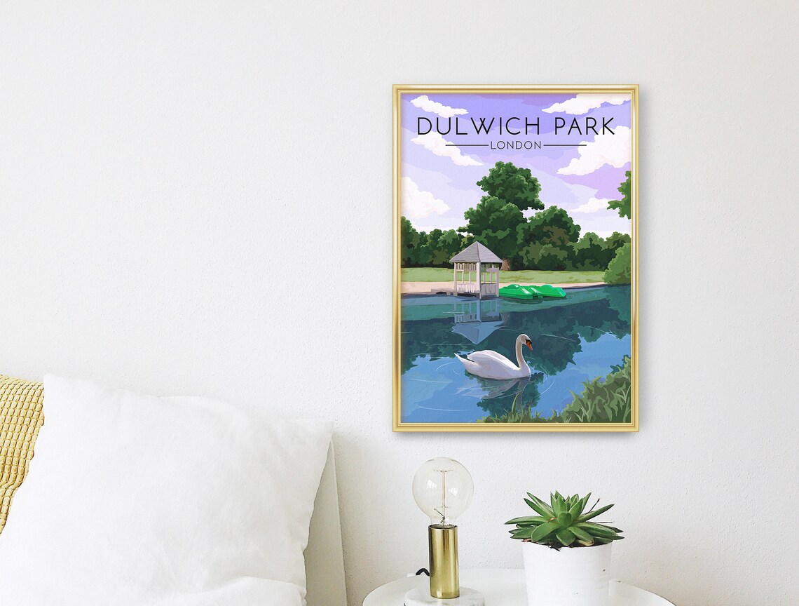 Dulwich Park London Swan Lake Boathouse Vintage Travel Poster - Image 3