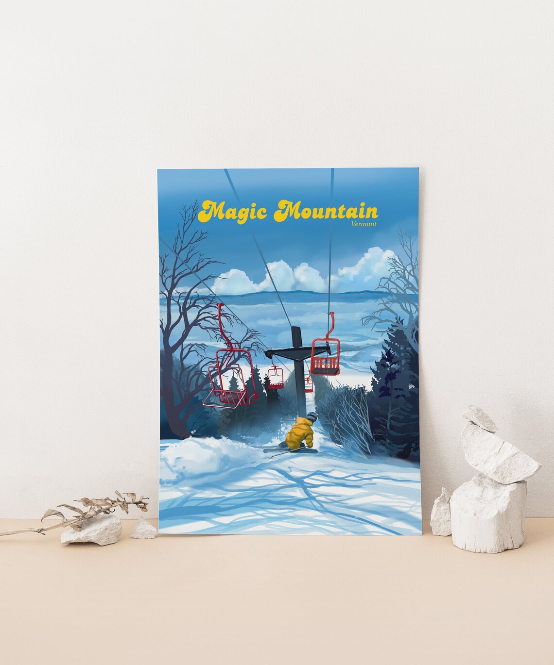 Magic Mountain Vermont Red Chairs Skier Vintage Ski Resort Poster - Image 4