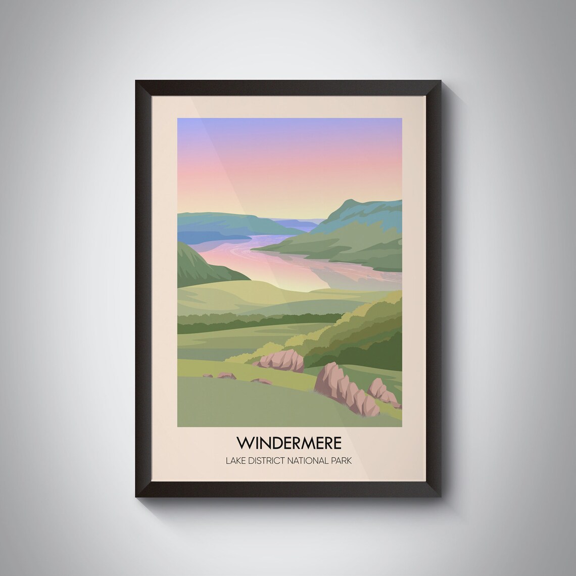 Windermere Lake District Sunset Pastel Pink Sky Travel Poster