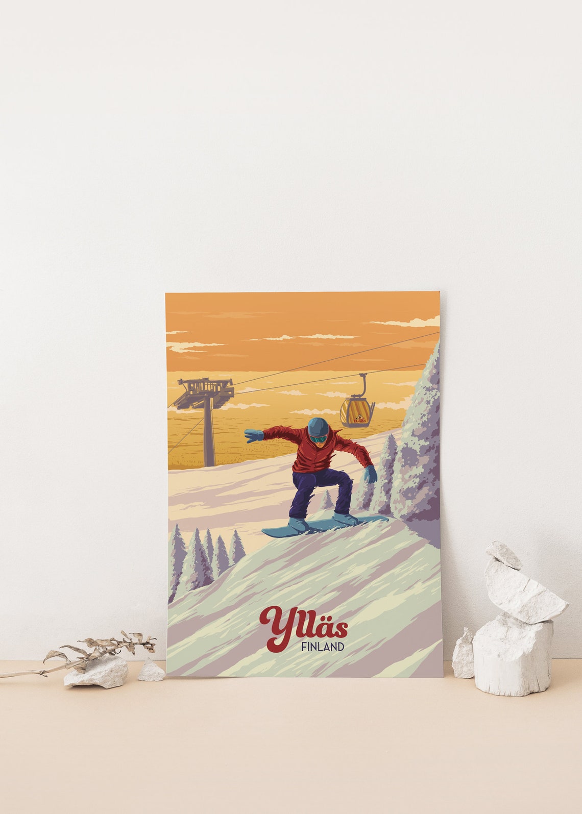 Yllas Finland Sunset Snowboarder Gondola Arctic Travel Poster - Image 4