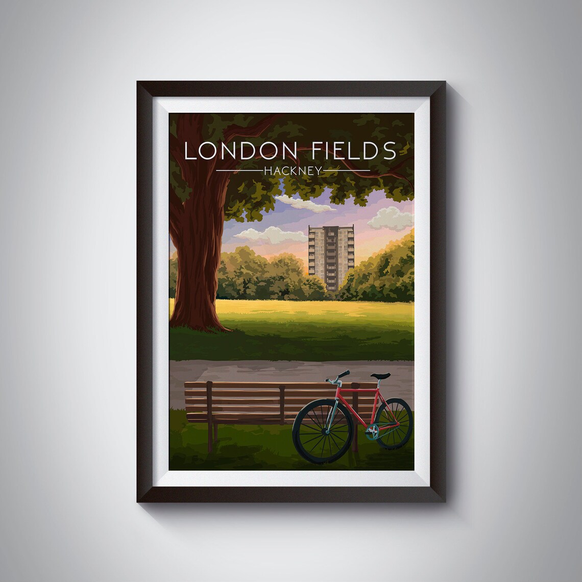 London Fields Hackney Travel Poster, East London Park
